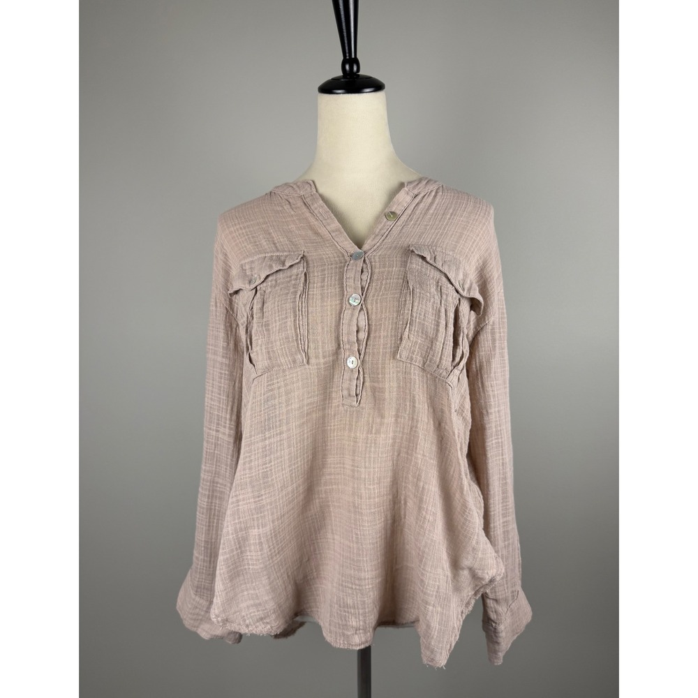 Free People Henley Top Gauze Textured Medium Mauve Taupe Boho Button‎ Up Blouse